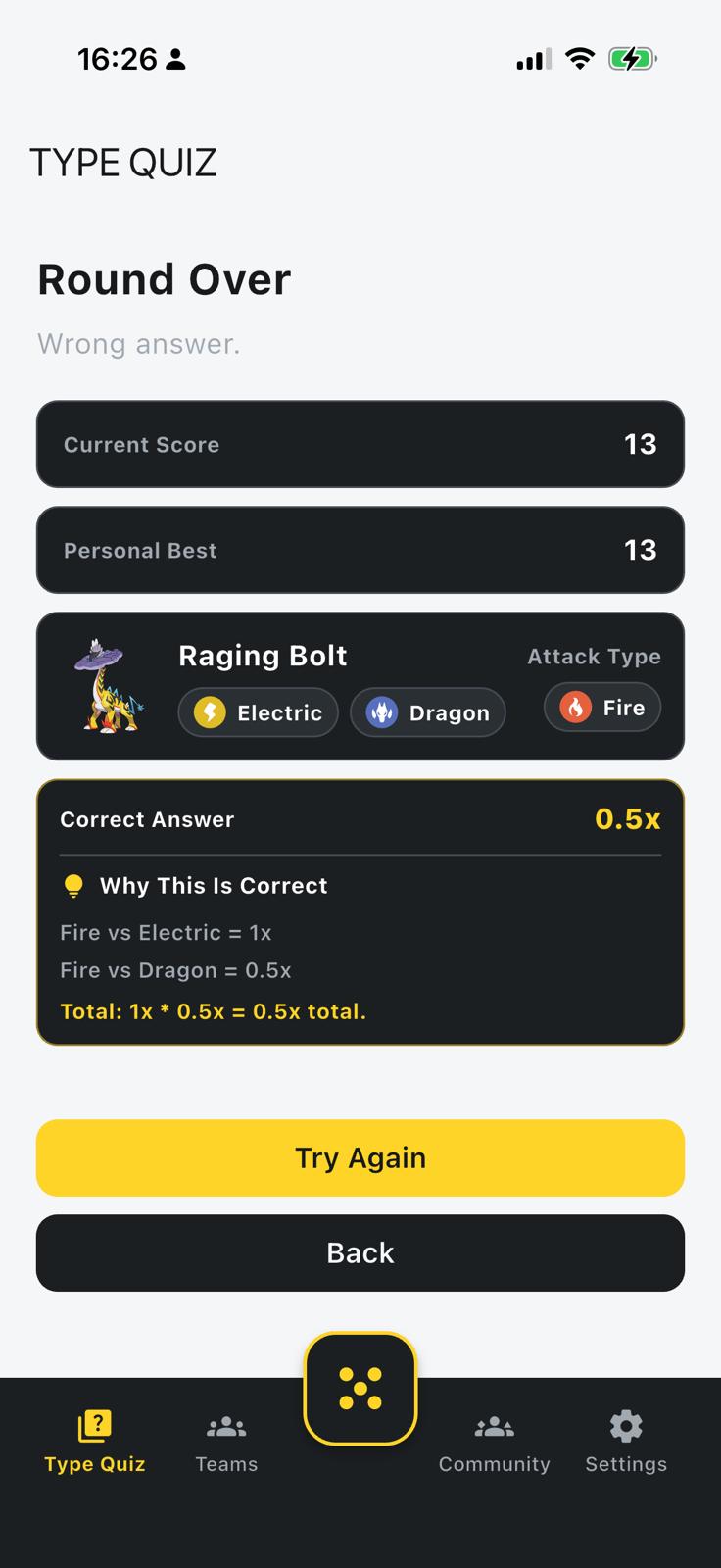 Type quiz result screen with explanation and score